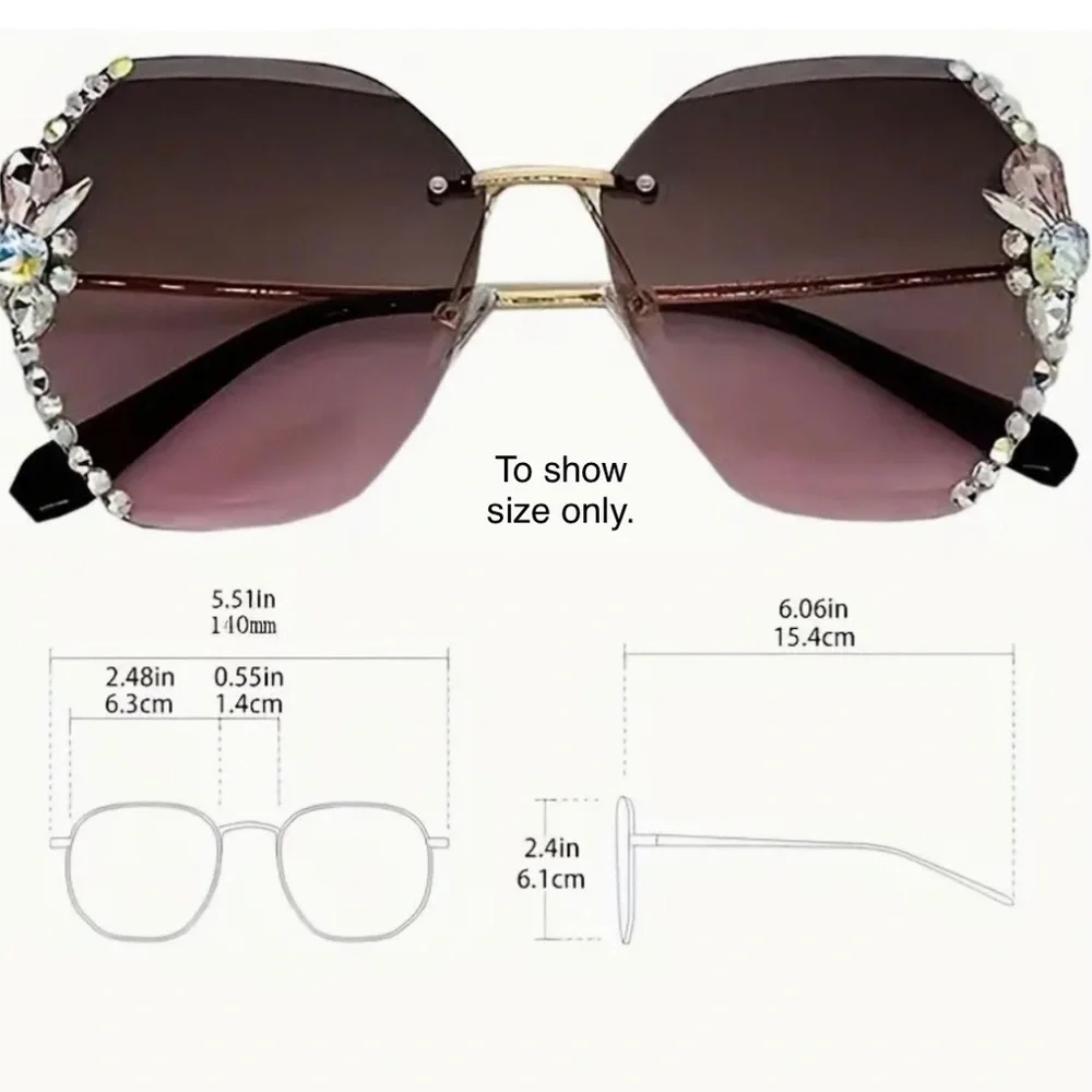 Women's Fashion Rimless Rhinestone Round Oversized Sunglasses- Gradient Gray